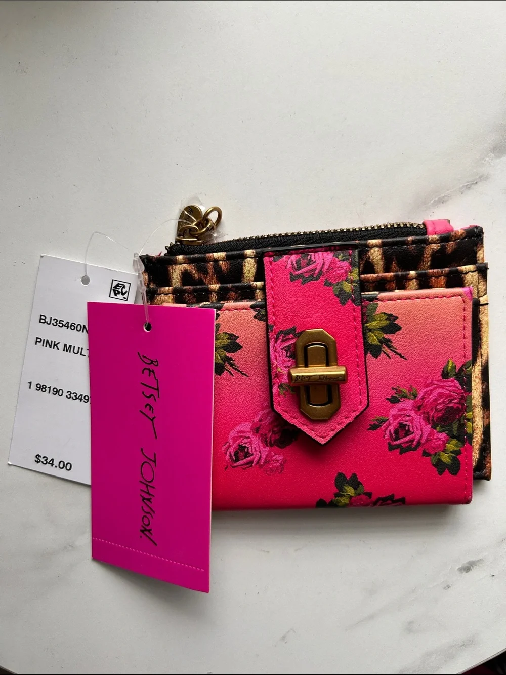 Betsey Johnson Hot Pink Floral & Leopard Trim Card Wallet with Turn-Lock